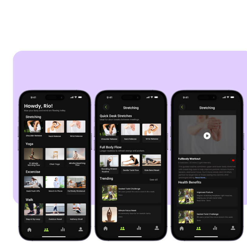 Streaming and exercise content screens