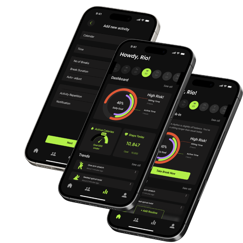Three dashboard views showing activity tracking