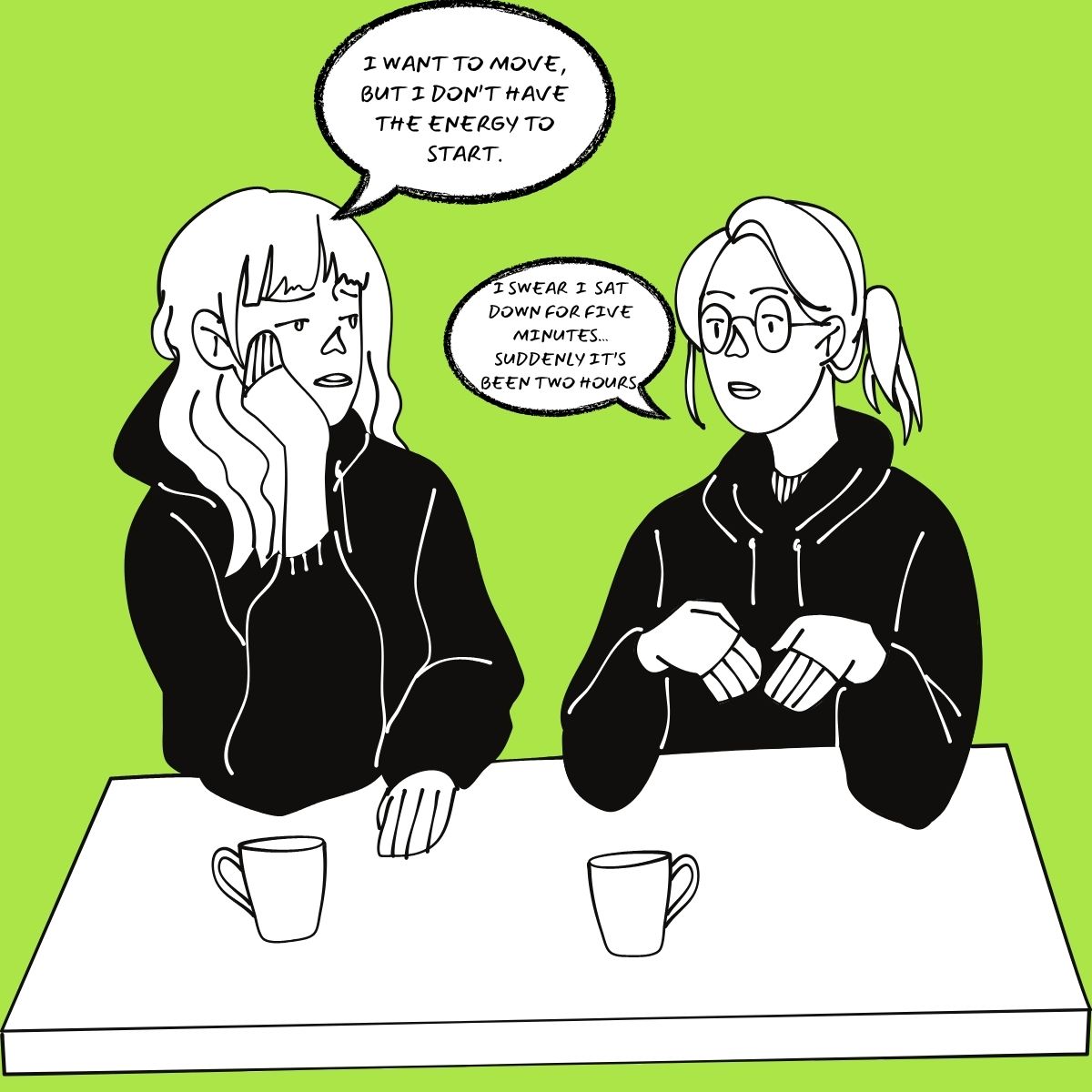 Comic illustration of two people discussing sedentary habits over coffee